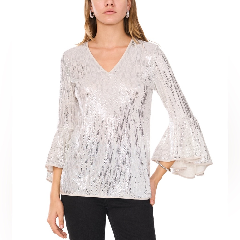 Vince Camuto Silver Sequin Bell Sleeve Top, Size XL - NWT